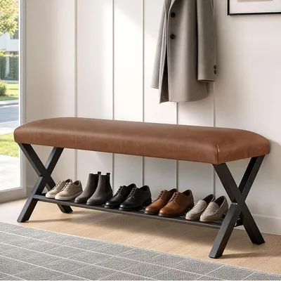 Imagen del producto de Zapatero de 113 cm con asiento, zapatero con banco y tapizado de cuero, banco para pasillo con estructura de metal, ideal para la entrada, el salón o el pasillo, dimensiones: 113 x 37,5 x 45 cm, color marrón