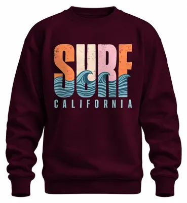 Zdjęcie produktu dla Bluza z kapturem "Surf California", motyw: fale, morze, plaża, lato, wakacje, surfing, styl lat 80., kolor: burgundowy, rozmiar: XXL