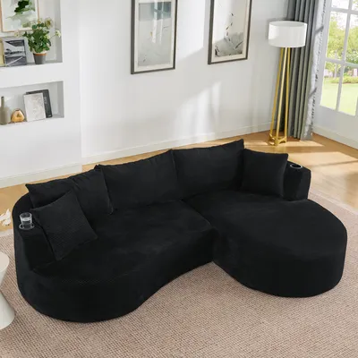 Produktbild von okwish Modulares Sofa Rechte Chaiselongue 3-Sitzer Wohnzimmersofa mit Getränkehalter und Kissen Loungesofa Bogenförmiges Design weicher Kordstoff Schwarz
