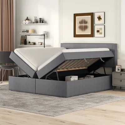 Produktbild von Merax Boxspring posteľ 140x200 cm so zásuvkami bez spodnej dosky, čalúnená posteľ s kovovým rámom s lamelovým roštom a veľkým úložným priestorom, funkčná manželská posteľ, sivá