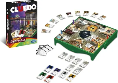 A Cluedo board game and its components are displayed on a white background.