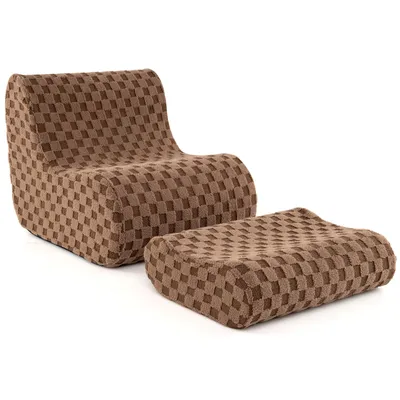 A brown bean bag chair and ottoman with a checkered pattern, shown on a white background.