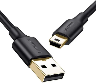 A black USB to Mini-USB cable with gold-plated connectors.