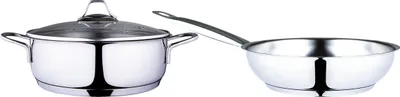 A stainless steel pot with a lid and a stainless steel frying pan are displayed side-by-side against a white background.