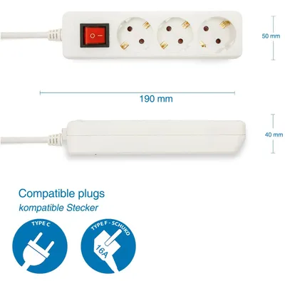Immagine prodotto di Ciabatta multipresa standard Schuko, 3 prese da 16A, con interruttore, cavo di 1,5 metri, tipo H05VV-F