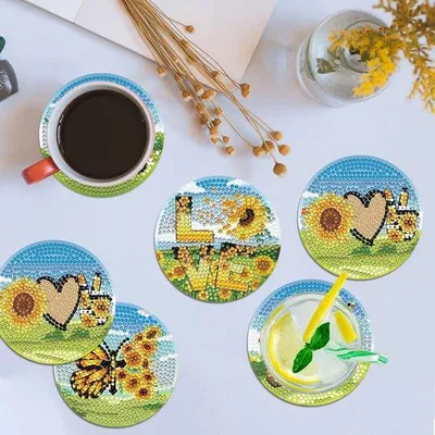 Produktbild von Famanu Untersetzer mit Halter, 8 Stück, DIY Diamond Painting, Sonnenblumen-Motiv
