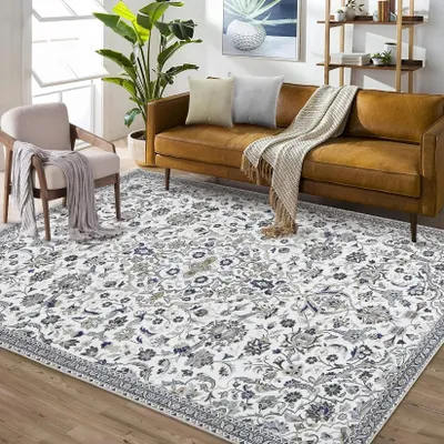 Obrázek produktu pro Vintage koberec s květinovým vzorem – obdélníkový orientální koberec do obývacího pokoje – vícebarevný, rozměry 160 × 230 cm – 100 % polyester – lze prát v pračce – protiskluzová gumová spodní strana