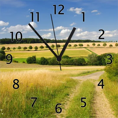 Produktbild von Wallario Design Wanduhr Feldlandschaft unter blauem Himmel aus Echtglas, Größe 30 x 30 cm