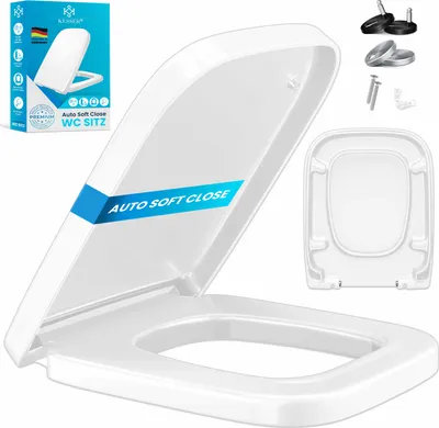 A collage of images showing a white toilet seat, its packaging, and mounting hardware.