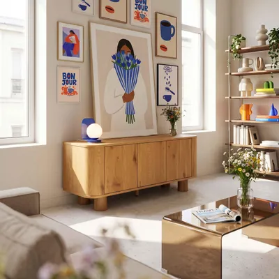Immagine prodotto di Mobile TV scandinavo a 3 ante L120 cm in legno chiaro - Oviala Dario