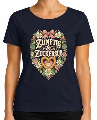 Obrázek produktu pro Zünftig & Zuckersüß, tričko s motivem Oktoberfestu, bavorské tradiční oblečení, dámské, tmavě modré, velikost XL