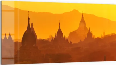 Produktbild von DEQORI Glasbild Echtglas 100x50 cm 'Goldene Stupas' Wandbild Bild modern Deko