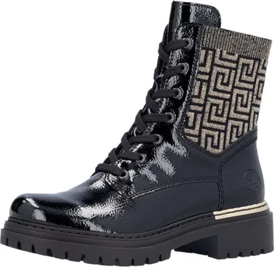 A black lace-up boot with a patterned cuff and gold trim.