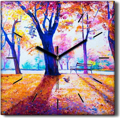 Produktbild von Coloray Hodiny Unikátní 30x30 cm  Tiché hodiny Pro obývací pokoj a kuchyň Nástěnné hodiny Plátno Černé ručičky hodin - Park Tree listy na podzim