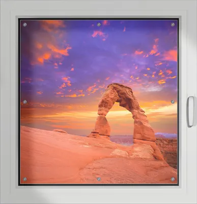 Produktbild von Wallario Lichtschutzbild, Dekorativer Sichtschutz Sonnenschutz 96 x 93 cm mit Motiv: Steinbogen vor einem farbenfrohen Himmel in lila-rot - Verdunklung ohne Bohren