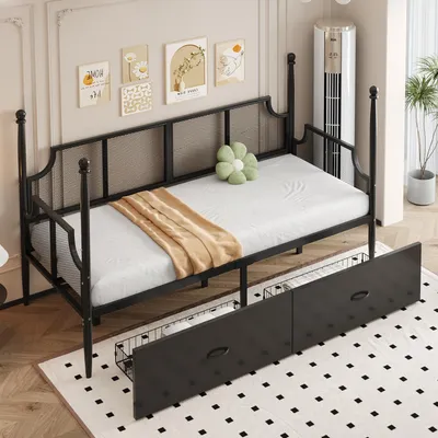 Produktbild von Eisenbettsofa Einzelbett Teenagerbett 90 x 200 cm Netzrückenlehne Armlehnen Vintage-Stil Ablagefächer Schwarz