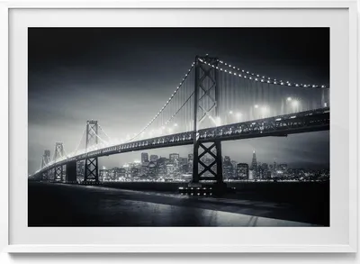 Produktbild von San Francisco Bridge bei Nacht– Wandbild mit Rahmen – Gerahmtes Bild  – Wanddekoration – 100x70 cm –  Weiß Rahmen