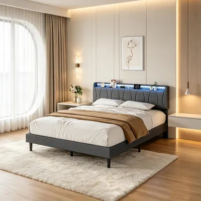 Zdjęcie produktu dla Łóżko platformowe INONEFT, obite, 140x200 cm, z podświetleniem LED i stacją ładowania. Łóżko z pojemnikiem na pościel, rama łóżka młodzieżowego z listwami elastycznymi, kolor szary, tkanina lniana
