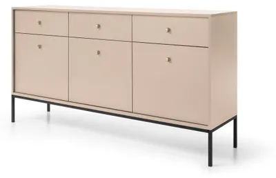 Image de Commode à trois tiroirs et trois portes, beige, poignées noires, 154 x 39 x 83 cm