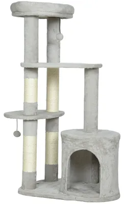 Obrázok produktu pre PawHut Škrabadlo 114 cm – mačací vež s búdkou, sisalovými tyčami a plošinou, svetlosivá
