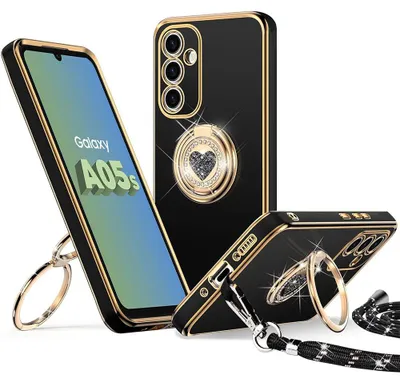 Image de Coque pour Samsung Galaxy A05s, Protection Silicone Antichoc avec Cordon et Anneau Motif Coeur - Noir