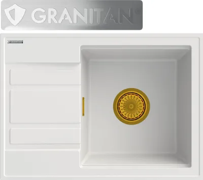 Obrázok produktu pre Granitan | Granitový drez Wetar - biely - s odkapávačom a zlatým sifónom - moderný a funkčný