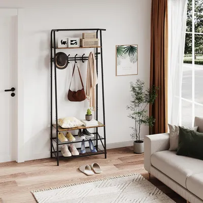 Produktbild von Garderobe mit Sitzbank 4-in-1, Schuhregal, Kleiderstange, Braun