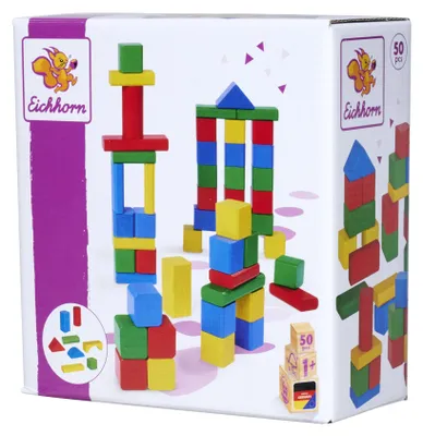 Produktbild von Eichhorn 100021252 50 bunte Holzbausteine,100% es Buchenholz, Motorikspielzeug geeignet für Kinder ab 1 Jahr