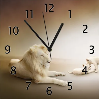 Produktbild von Wallario Design Wanduhr Löwenfamilie mit Jungtieren aus Echtglas, Größe 30 x 30 cm