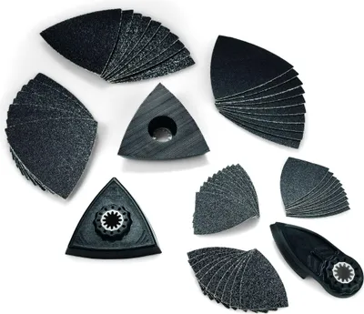 A collection of triangular sanding pads and attachments for a multi-tool, arranged on a white background.