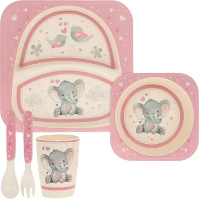 Produktbild von Bambus Geschirrset"Bird & Ellie" Elefant und Vogel - Rosa