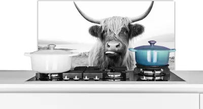 Produktbild von KitchenYeah®  Spritzschutz Küche - Küchenrückwand - Wandschutz für Herd und Spüle - Tiere - Schottisches Hochlandrind - Kuh - Schwarz - Weiß 90x45 - Alu-Dibond (Alternative zum Spritzschutz aus Glas)