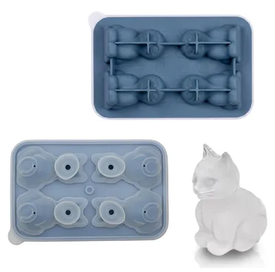 Eiswürfelform Katze, 4 Fächer, Silikon, blau, mit Deckel