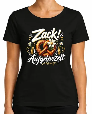 Produktbild von Zack! Aufgebrezelt Bayern Brezel Wiesn Trachtenshirt Lederhose Damen T-Shirt, Schwarz, XXL