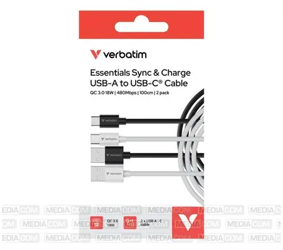 Produktbild von Verbatim 32393, 1 m, USB A, USB C, USB 2.0, 0,48 Gbit/s, Schwarz, Weiß