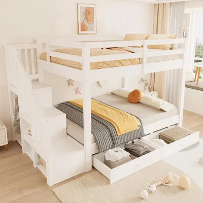 Produktbild von Merax Etagenbett 140x200cm aus Holz mit Stauraumtreppe, Kinderbett mit Kleiderstange, Hochbett mit 2 Schubladen, Sicherheitsgitter und Lattenrost,Weiß