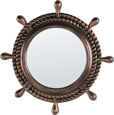 A round mirror with a nautical-themed frame resembling a ship's wheel, set against a white background.