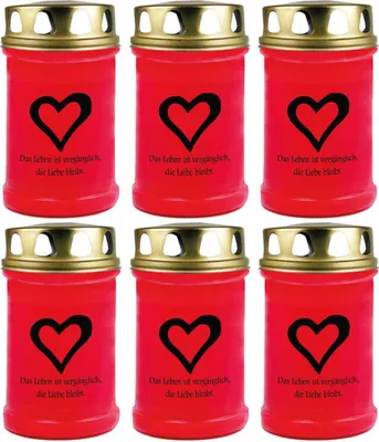 Produktbild von Grabkerze Rot 6er Pack, Brenndauer: 48 Stunden ( je Kerze ), Motiv: Herz