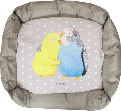 Produktbild von Mr. & Mrs. Panda Katzenkissen Wellensittich Liebe - Grau Pastell - Geschenk, Umarmung, Vögel, glücklich, Katzenkörbchen, Katzenkorb, Katzenbett, Freundin, Umarmen