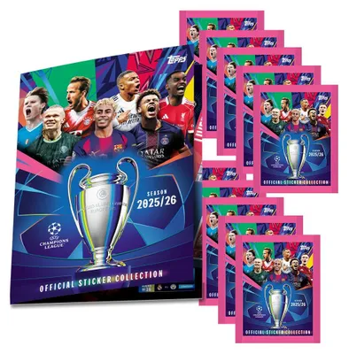 Zdjęcie produktu dla Topps – Liga Mistrzów 2025/2026 – naklejki kolekcjonerskie – 1 album + 10 torebek