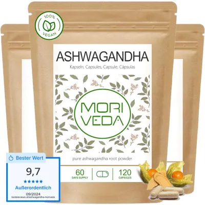 Produktbild von Moriveda Ashwagandha Kapseln – 360 Stück – 1000 mg Wurzelpulver – 22 mg Withanolide pro Tagesdosis – vegan – aus Indien
