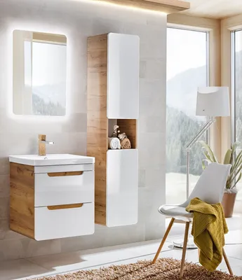 Produktbild von Badmöbel Set ARUBA-WEISS/EICHE 60 Badmöbel Set mit Waschbecken Badmöbelset LED Waschtisch Spiegel Hochschrank