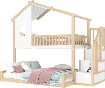 Produktbild von Merax Etagenbett 90x200+140x200 cm, Kinderbett mit Geländer, Fenster, Stauraumtreppe, Hausdesign Stockbett, Massivholzbett Jugendbett, Natur+Weiß