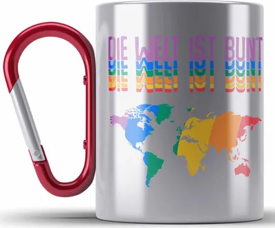 Produktbild von Trendation - LGBT Edelstahl Tasse Karabiner Geschenk für Schwule Lesben Transgender Regenbogen Lustige Grafik Regenbogen Die Welt Ist Bunt (Rot)