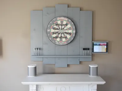 Produktbild von WOODEN Dartboard Surround | Grau | MIT Tablet-Halter (Universell) | Premium Dart-Wandschutz & Tablet-Halter (Catchring, Backboard)