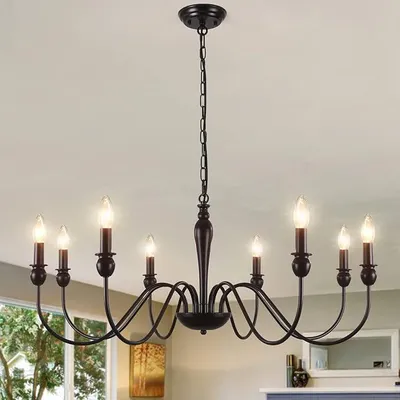Image de Suspension noire à 8 lumières, style vintage, lustre classique pour salle à manger, lampe de plafond pour salon, suspension avec douille E14, idéale pour salon, chambre, cuisine ou couloir