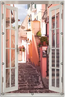 Produktbild von Wallario Outdoor-Poster für Garten oder Balkon 80 x 120 cm: Südländische Gasse- Italien bei Sonnenschein