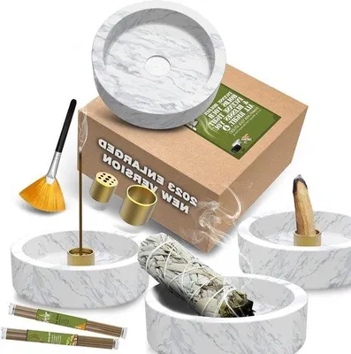 Immagine prodotto di Supporto in marmo per bastoncini d'incenso - Grande supporto per coni d'incenso e Palo Santo - Bruciaincenso con bastoncini d'incenso - Regalo - Bianco Grigio