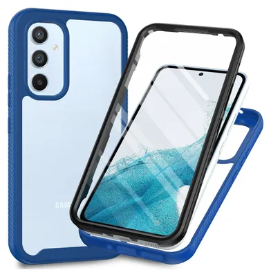 A disassembled phone case with a phone inside, shown from a diagonal angle against a white background.