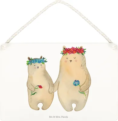 Produktbild von Mr. & Mrs. Panda Schild Bären mit Blumenkranz DIN A5 - Weiß - Geschenk, Mama, Türschild, Kinder, Holzschild, Töchter, Bär, holzbild, Muttertag, kleine aufmerksamkeit